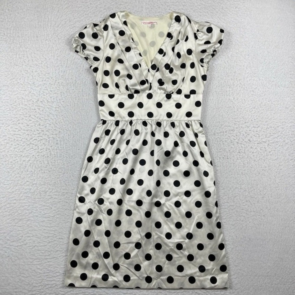 Betsey Johnson Polka Dot Dress Womens 8 Off White Black V-Neck Retro Fit & Flare